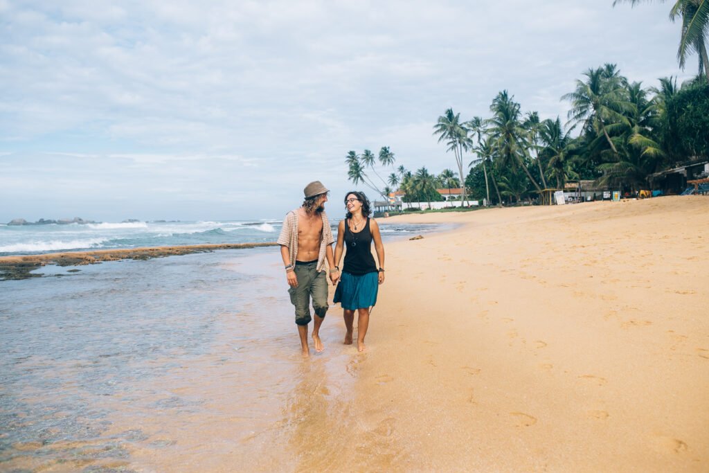 couple walking on the Goa beach after covering journey from Bombay to Goa